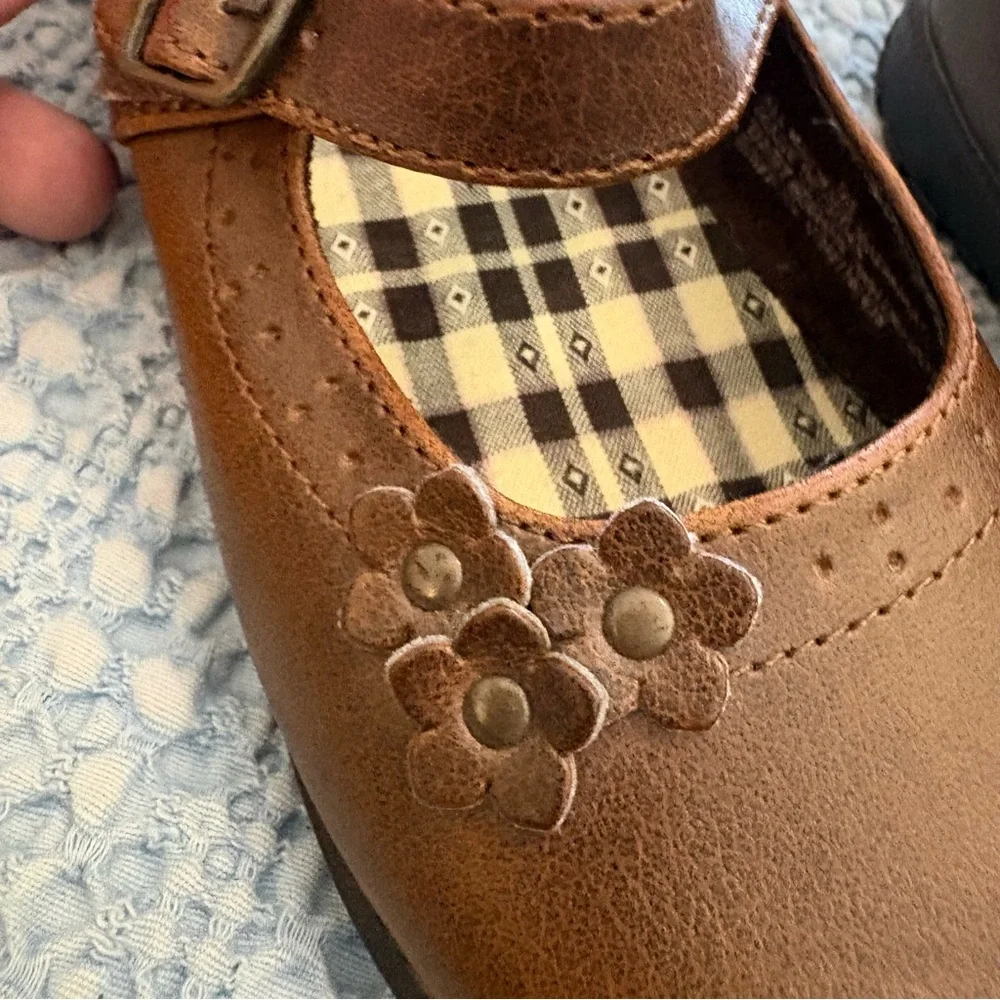 Circo Brown Tan Toddler Dress May Jane Floral Velcro Shoes sz 10T